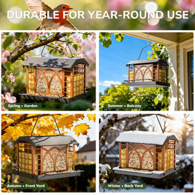 Grete Gotye bird feeder clear-seed-compartment makes monitoring levels easy.