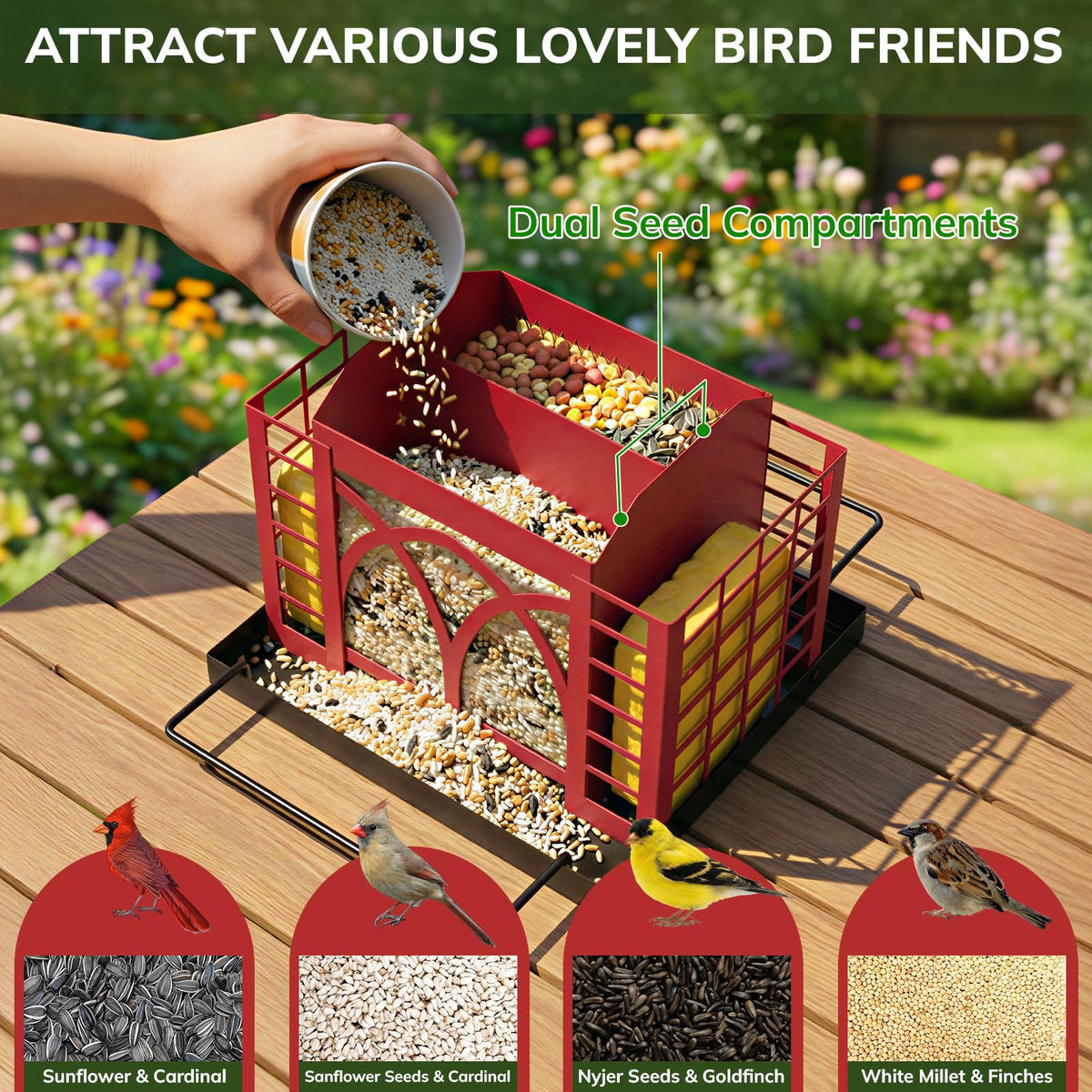 Dual suet cages and seed compartments enable 360-degree feeding for diverse backyard birds