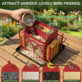 Dual suet cages and seed compartments enable 360-degree feeding for diverse backyard birds