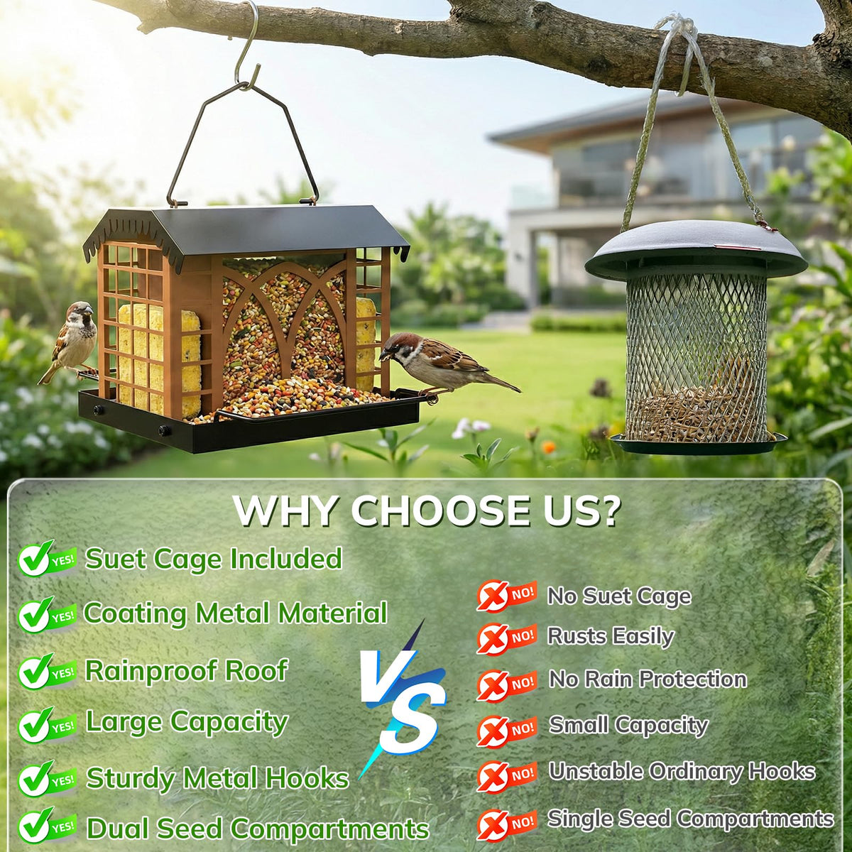 Grete Gotye bird feeder large 3-5lb capacity keeps seeds accessible in a busy yard.