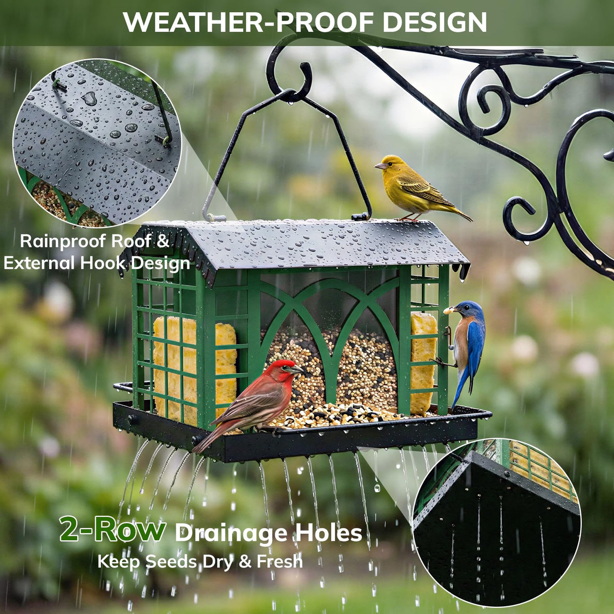 Weatherproof metal roof protects seeds from rain and snow