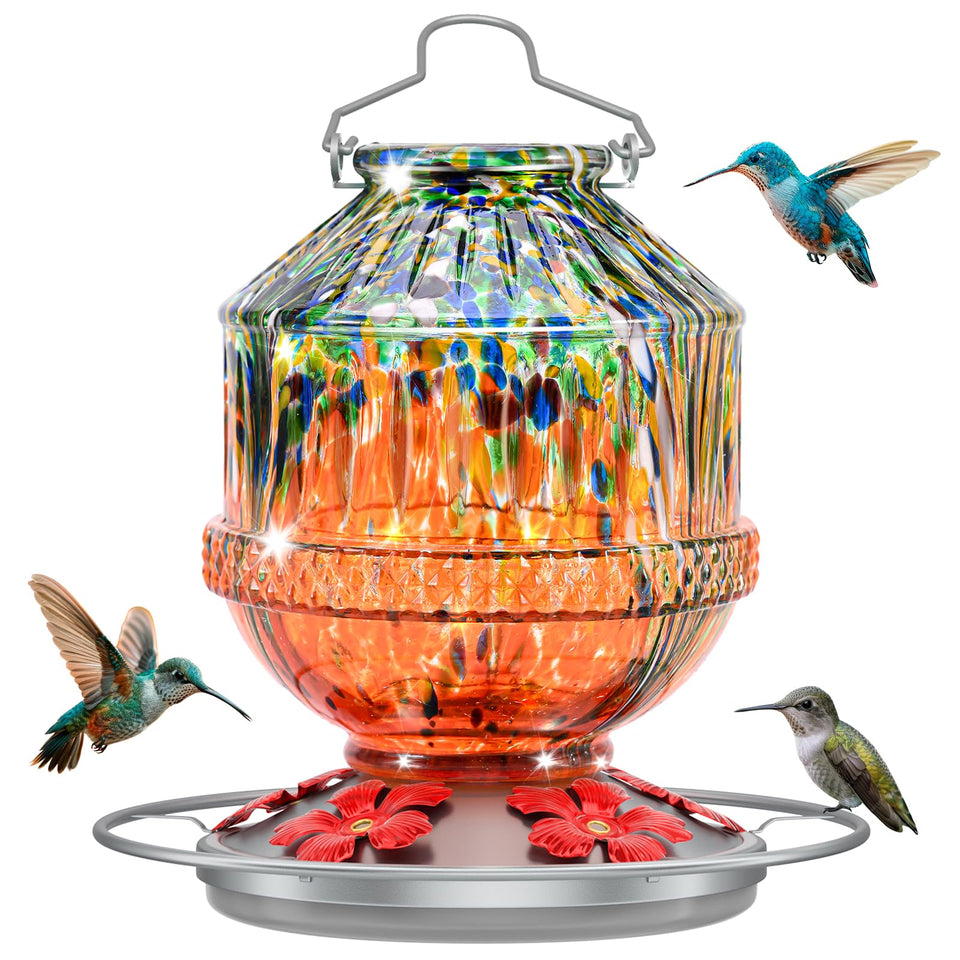 Grete Gotye blown glass hummingbird feeder orange front view; durable outdoor decor attracts birds