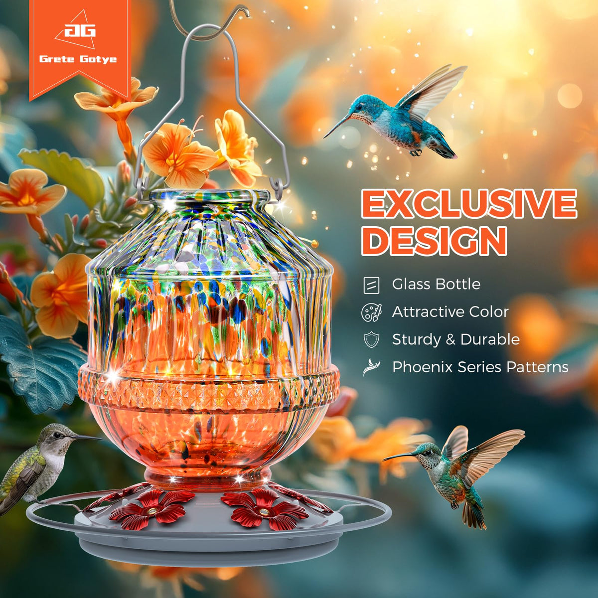 Grete Gotye blown glass hummingbird feeder orange side view; clear bottle shows nectar level