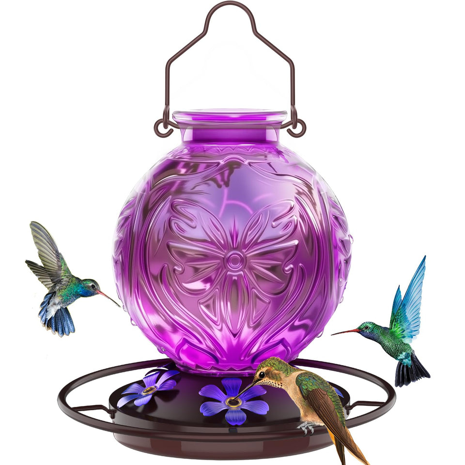 Grete Gotye glass hummingbird feeder front view showcases vibrant purple glass and five ports