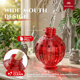 Wide circular perch on Grete Gotye hummingbird feeder for comfortable feeding