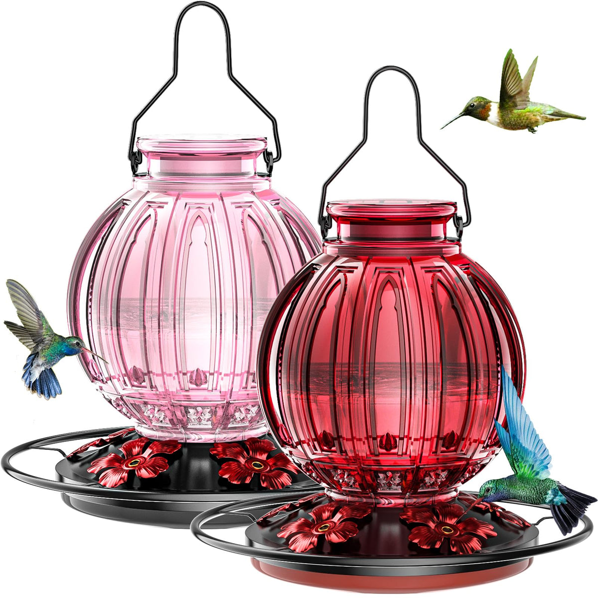Grete Gotye glass hummingbird feeder in red and pink ball design attracting birds outdoors