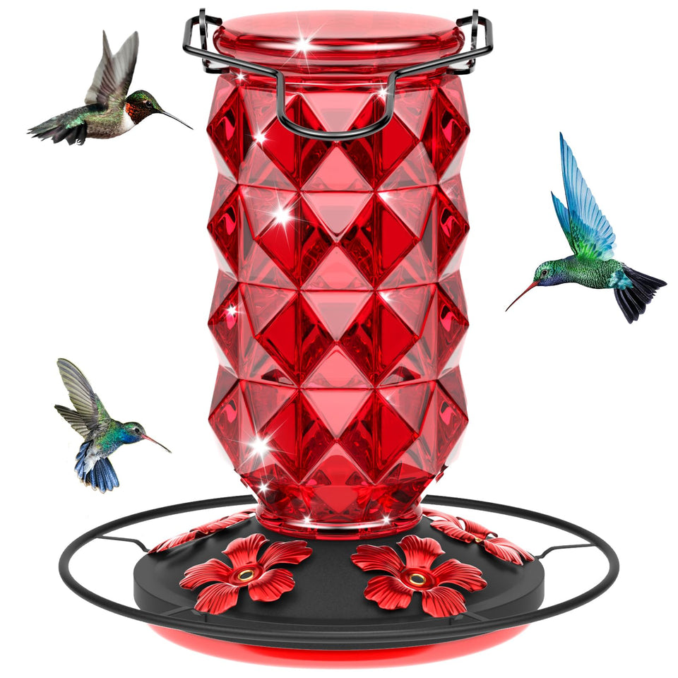 Grete Gotye glass hummingbird feeder outdoors with vibrant finish and 25 oz nectar capacity.