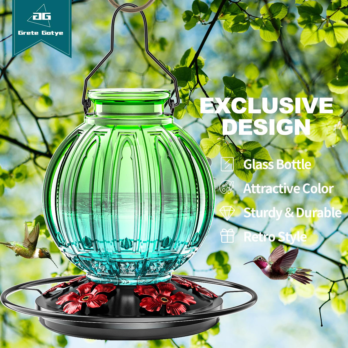 Grete Gotye glass hummingbird feeder with perch and five ports, easy viewing and feeding