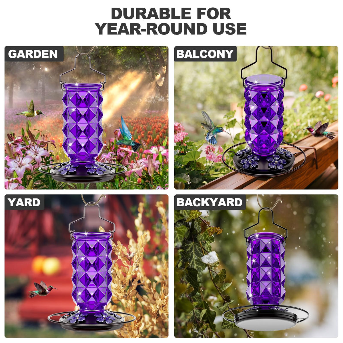 Grete Gotye Glass Hummingbird Feeder purple color adds garden decor