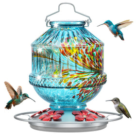 Grete Gotye hand blown glass hummingbird feeder in blue, 25 oz, ideal year-round garden decor.