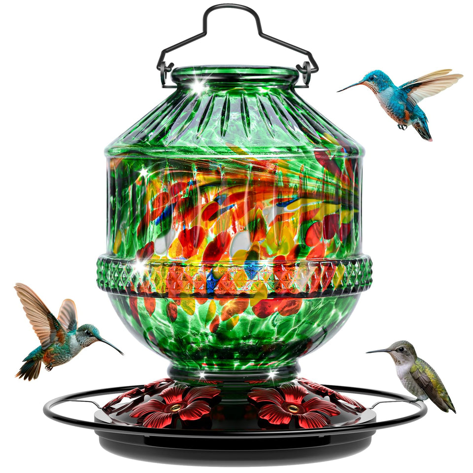 Grete Gotye hand blown glass feeder with 25 oz capacity attracts hummingbirds for vibrant backyard viewing