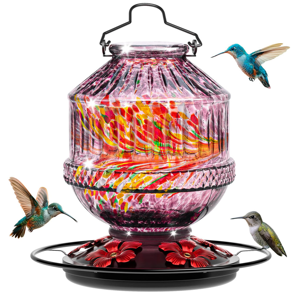 Grete Gotye hand blown glass hummingbird feeder with perch attracts nectar-loving birds outdoors