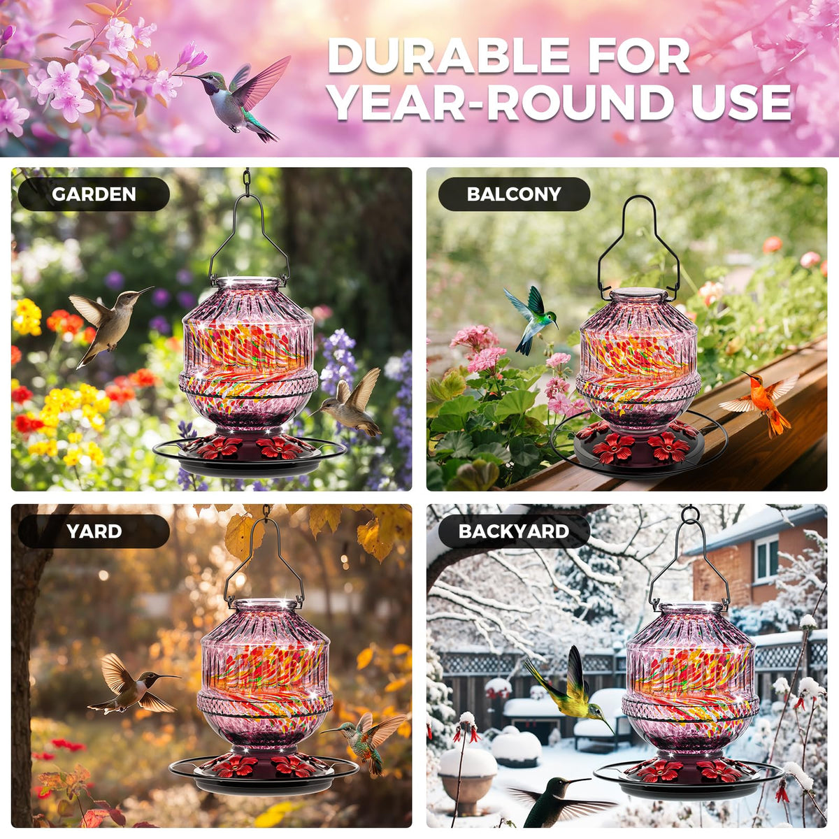 Grete Gotye hanging glass feeder suits patios and decks year-round