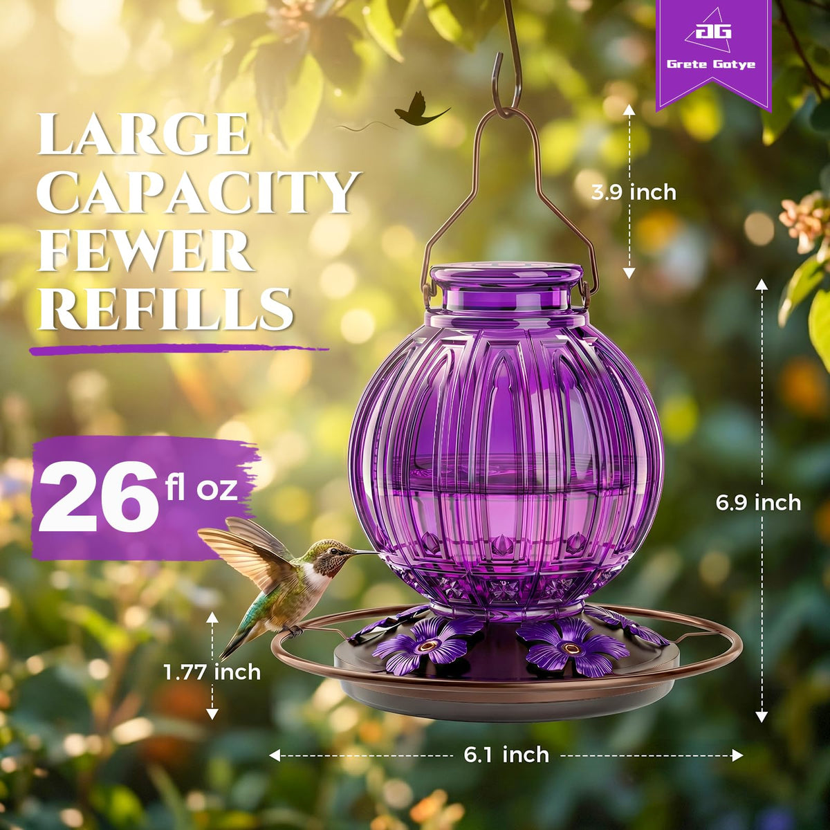 Grete Gotye 26 oz capacity glass feeder keeps nectar ready