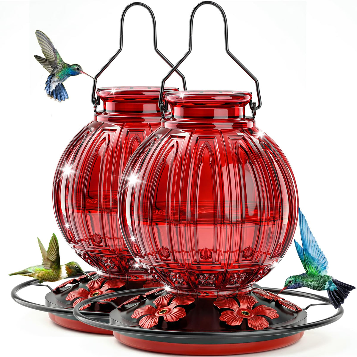 Grete Gotye hummingbird feeder front view in red glass with five ports for backyard delight.