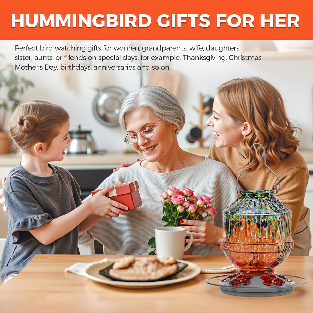 Grete Gotye orange feeder in porch; gift-ready decor for bird lovers