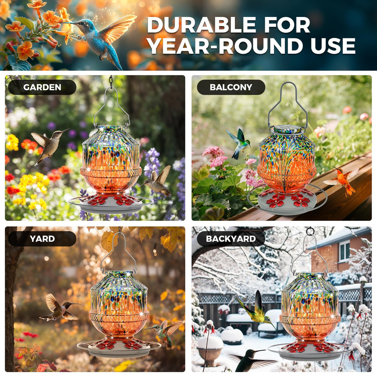 Grete Gotye orange feeder on deck; durable hang design resists wind