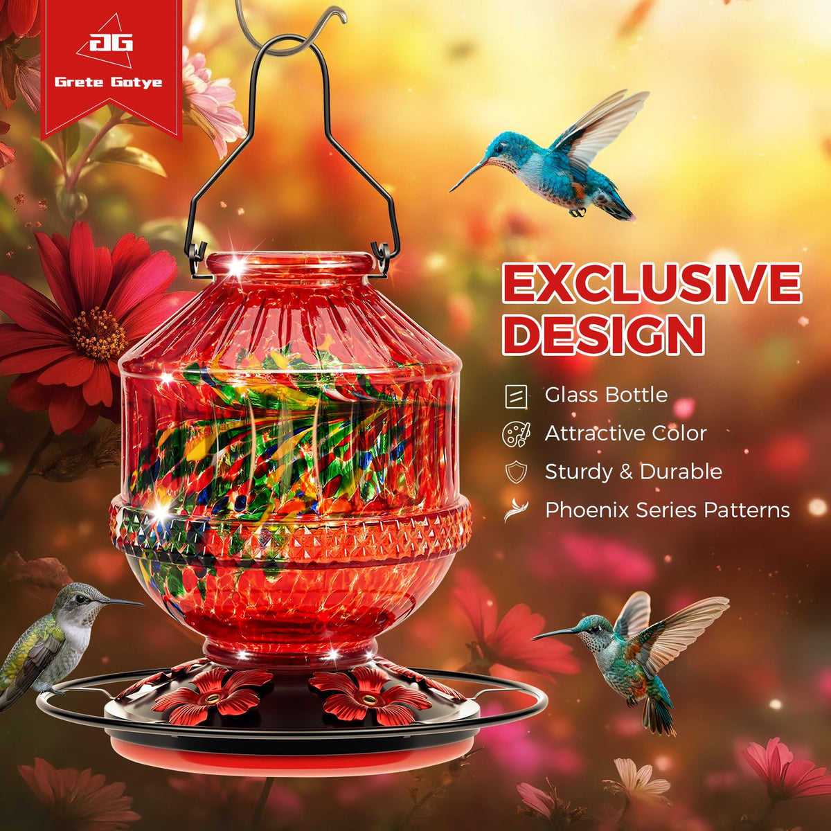 Grete Gotye feeder with perch and five ports for multiple hummingbirds