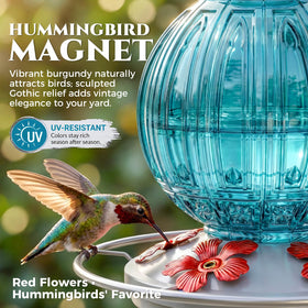 Grete Gotye nectar feeder with five ports supports multiple hummingbirds