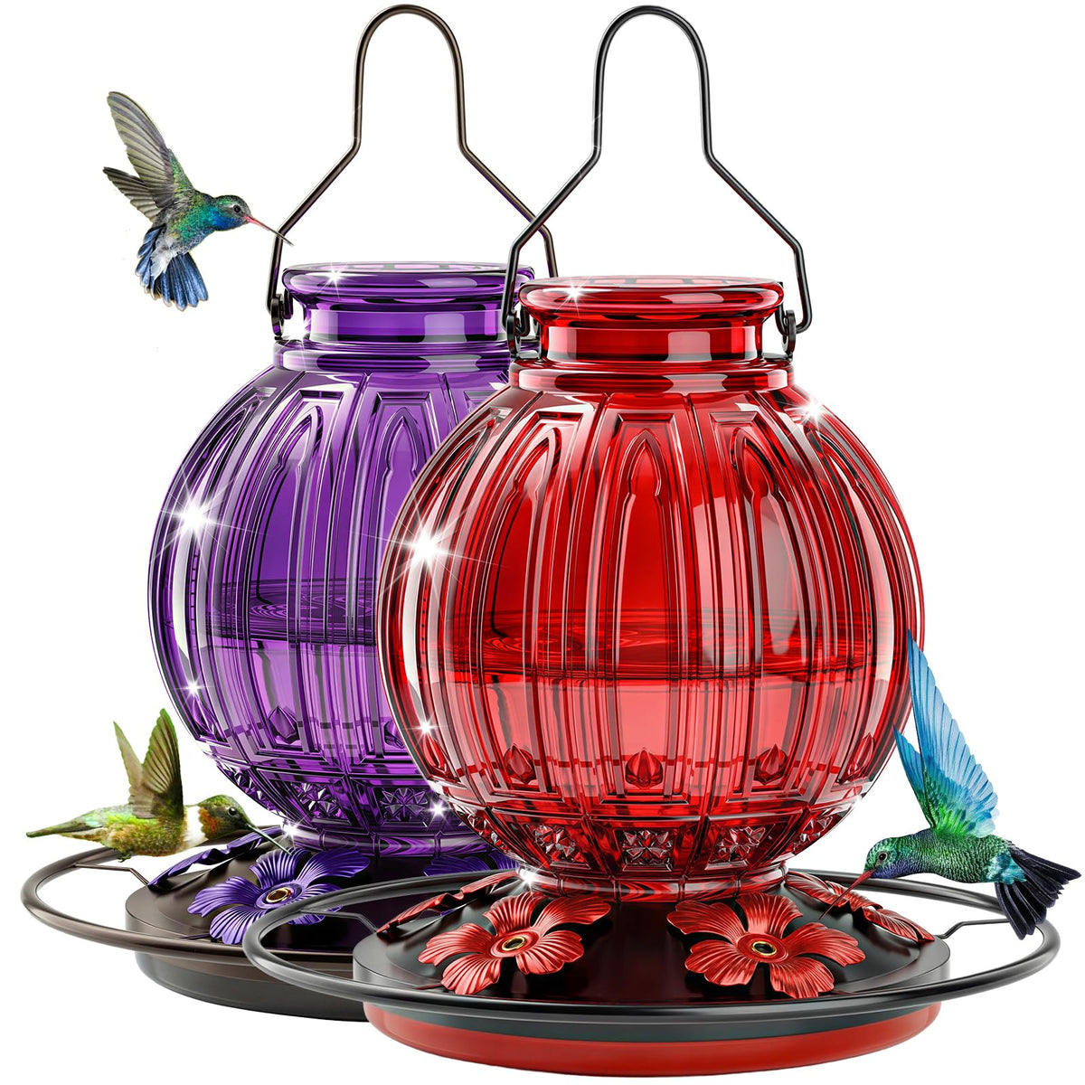 Grete Gotye two-pack glass hummingbird feeder with ball shape attracting birds to the garden