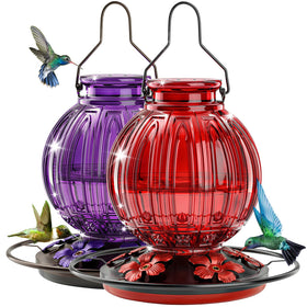 Grete Gotye two-pack glass hummingbird feeder with ball shape attracting birds to the garden