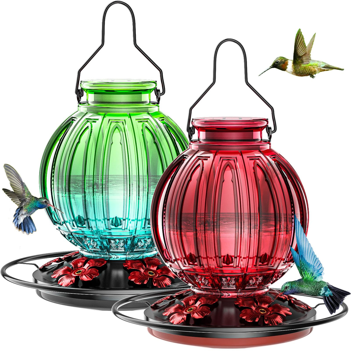 Grete Gotye two-pack glass hummingbird feeder outdoors, vibrant colors attract pollinators