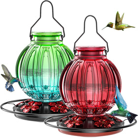 Grete Gotye two-pack glass hummingbird feeder outdoors, vibrant colors attract pollinators