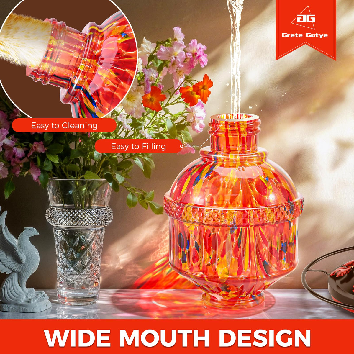 Grete Gotye Wide Mouth Glass Feeder simplifies filling and cleaning