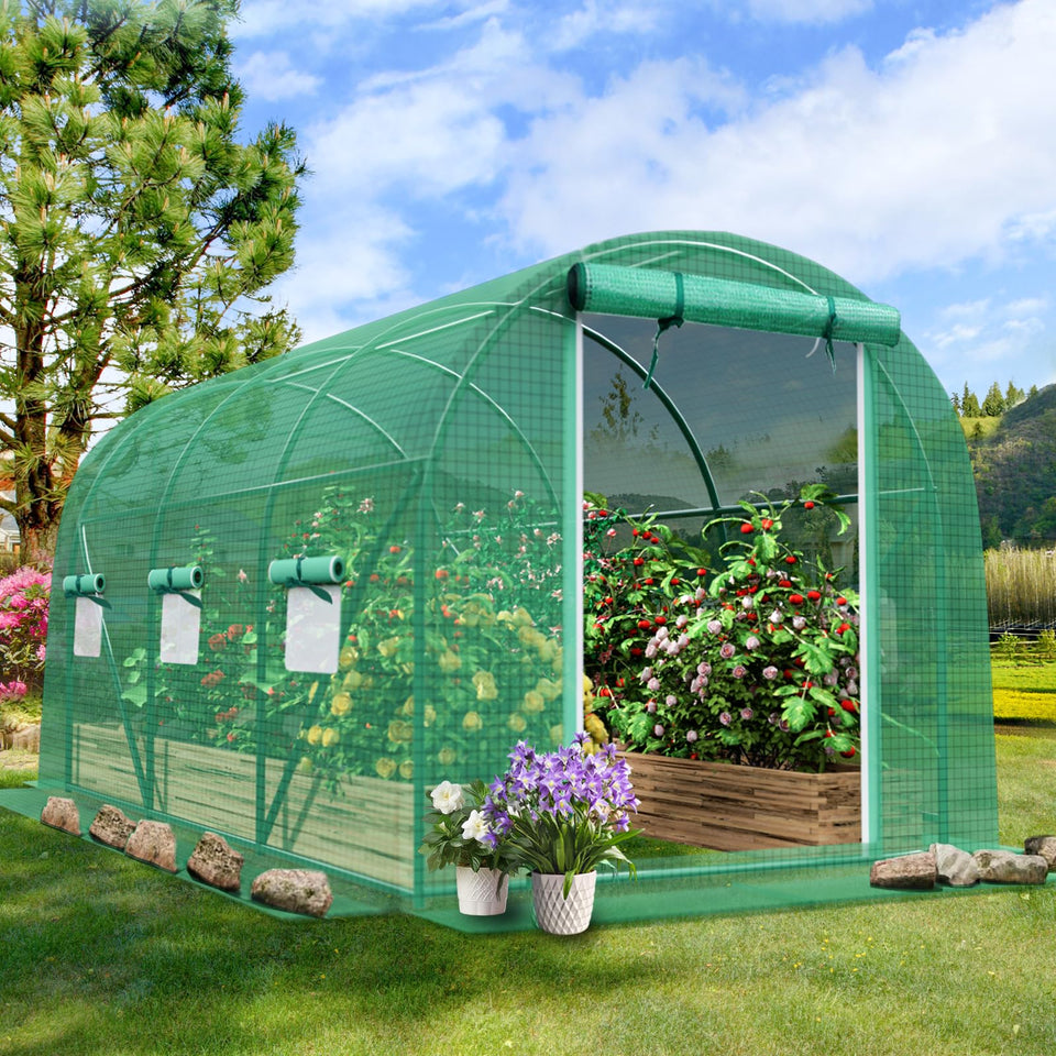 Grezone walk-in greenhouse frame detail shows sturdy steel construction for durability