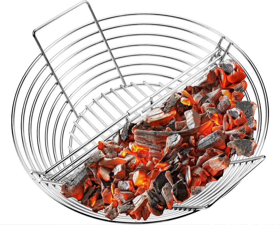 GriAddict Kamado charcoal basket with divider enables two-zone cooking on 18-inch grills
