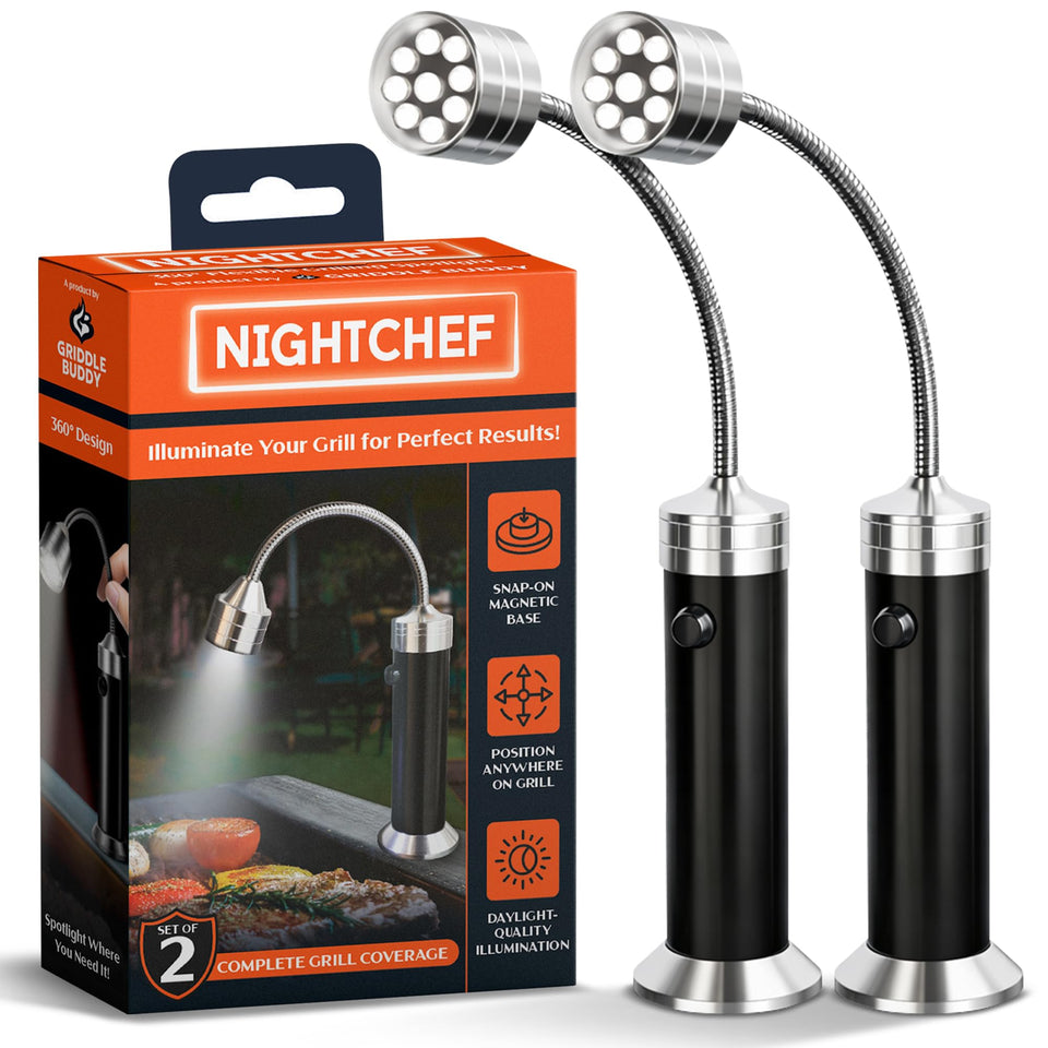 Griddle Buddy Night Chef LED lights brighten the entire grill surface for precise doneness checks