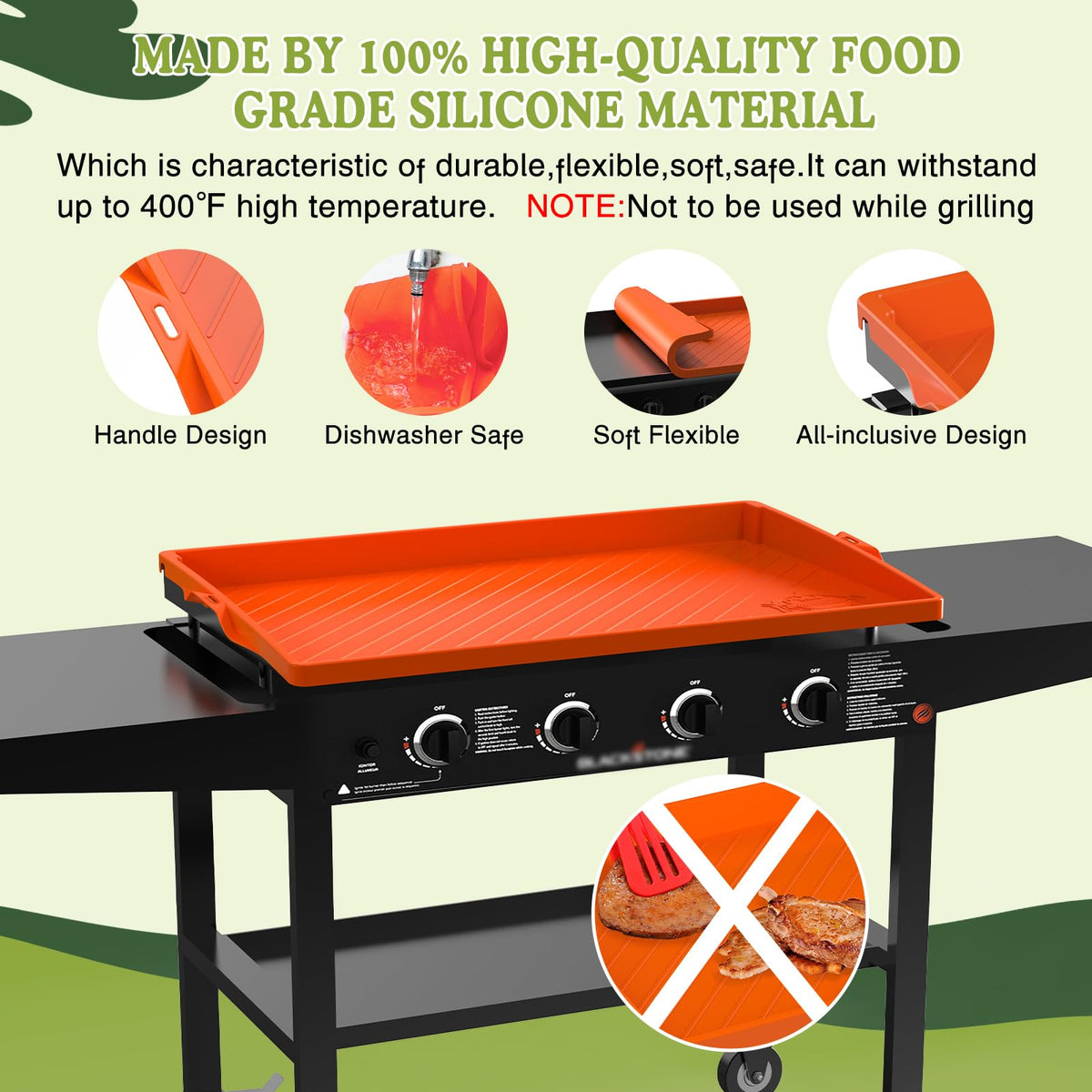 GRIDDLE COVER MAT withstands up to 400°F, protecting the surface while idle and simplifying post-use cleaning.