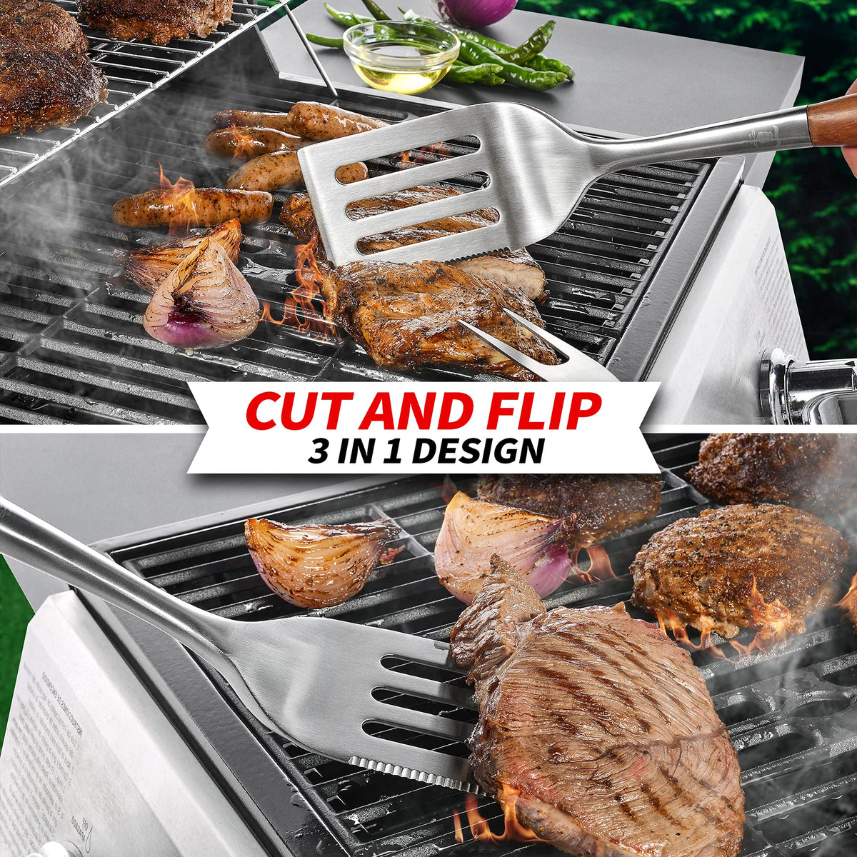 GRILAZ 3-in-1 spatula with serrated edge for versatile grilling tasks.