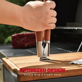 GRILAZ stainless steel and rosewood texture close-up highlights durability.