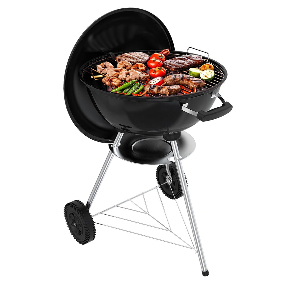 GRILIFE 18-inch charcoal grill with lid and wheels for easy outdoor transport.