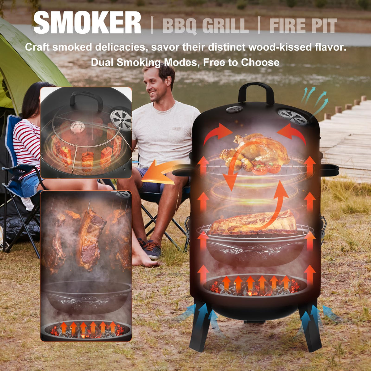 Grilife charcoal smoker thermometer view emphasizes built-in temperature control.