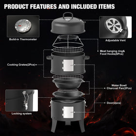 Grilife vertical smoker with crossbars and hooks for versatile food prep.