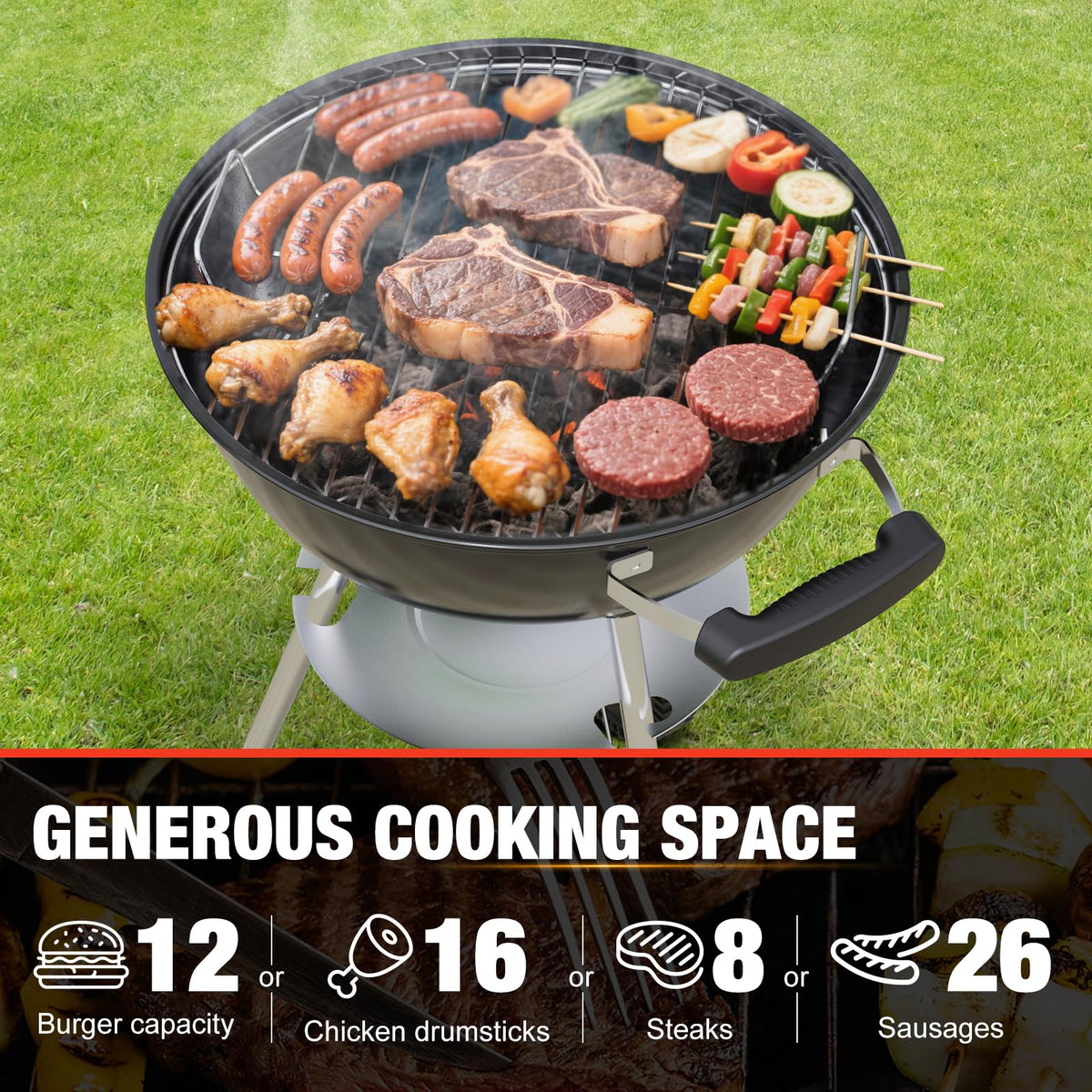 GRILIFE wheels and lid in motion for easy relocation during cooking.