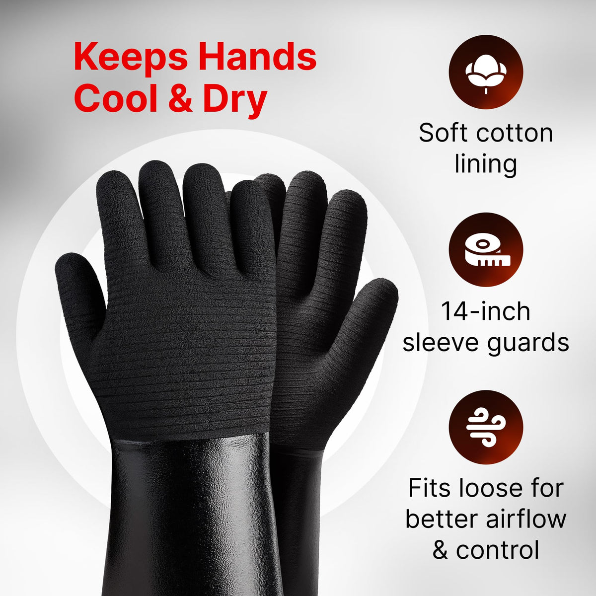 Grill Armor Gloves 14-inch sleeve protects wrists from splatter during cooking.