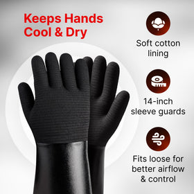 Grill Armor Gloves 14-inch sleeve protects wrists from splatter during cooking.