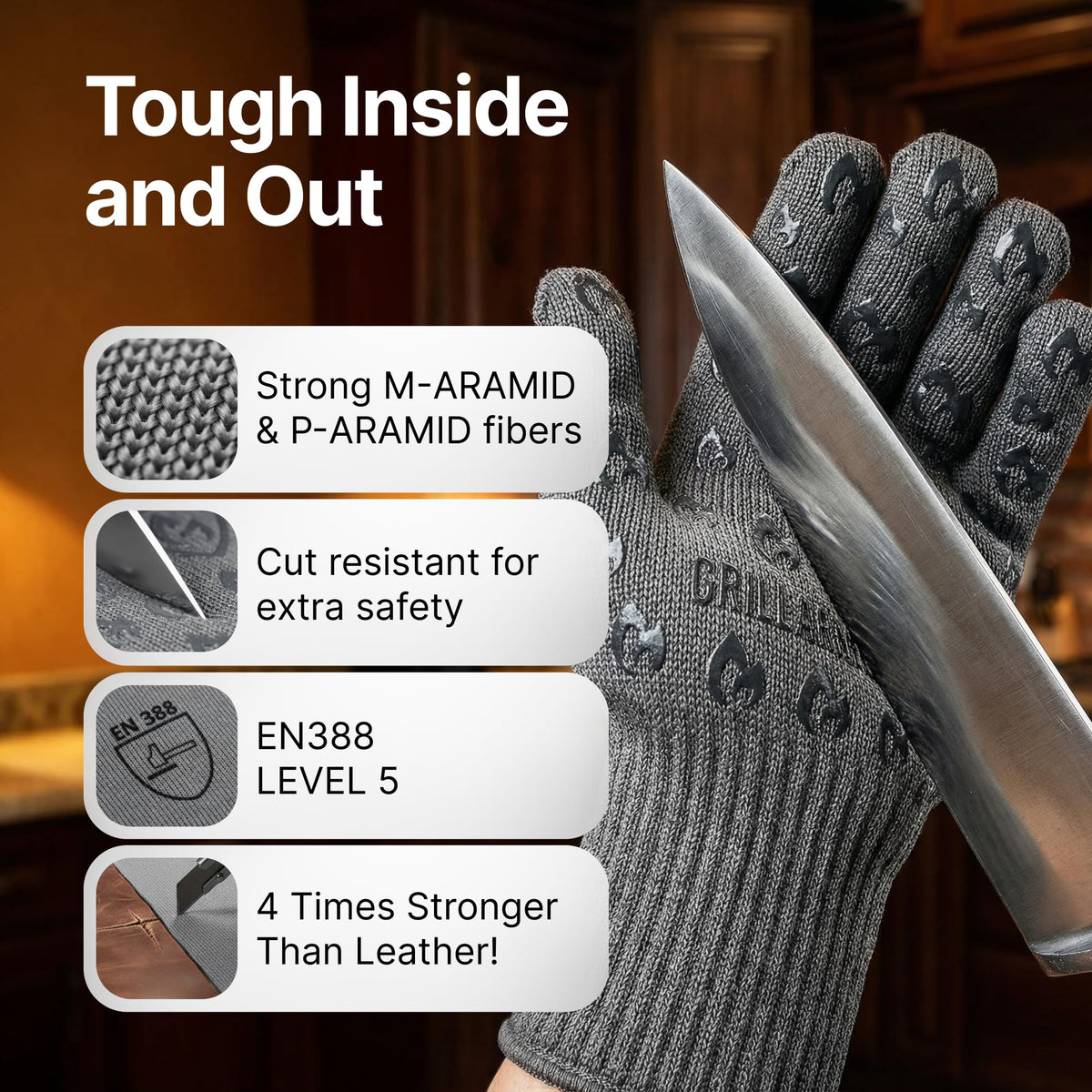 Grill Armor Gloves feature aramid tech for durable protection in high heat.
