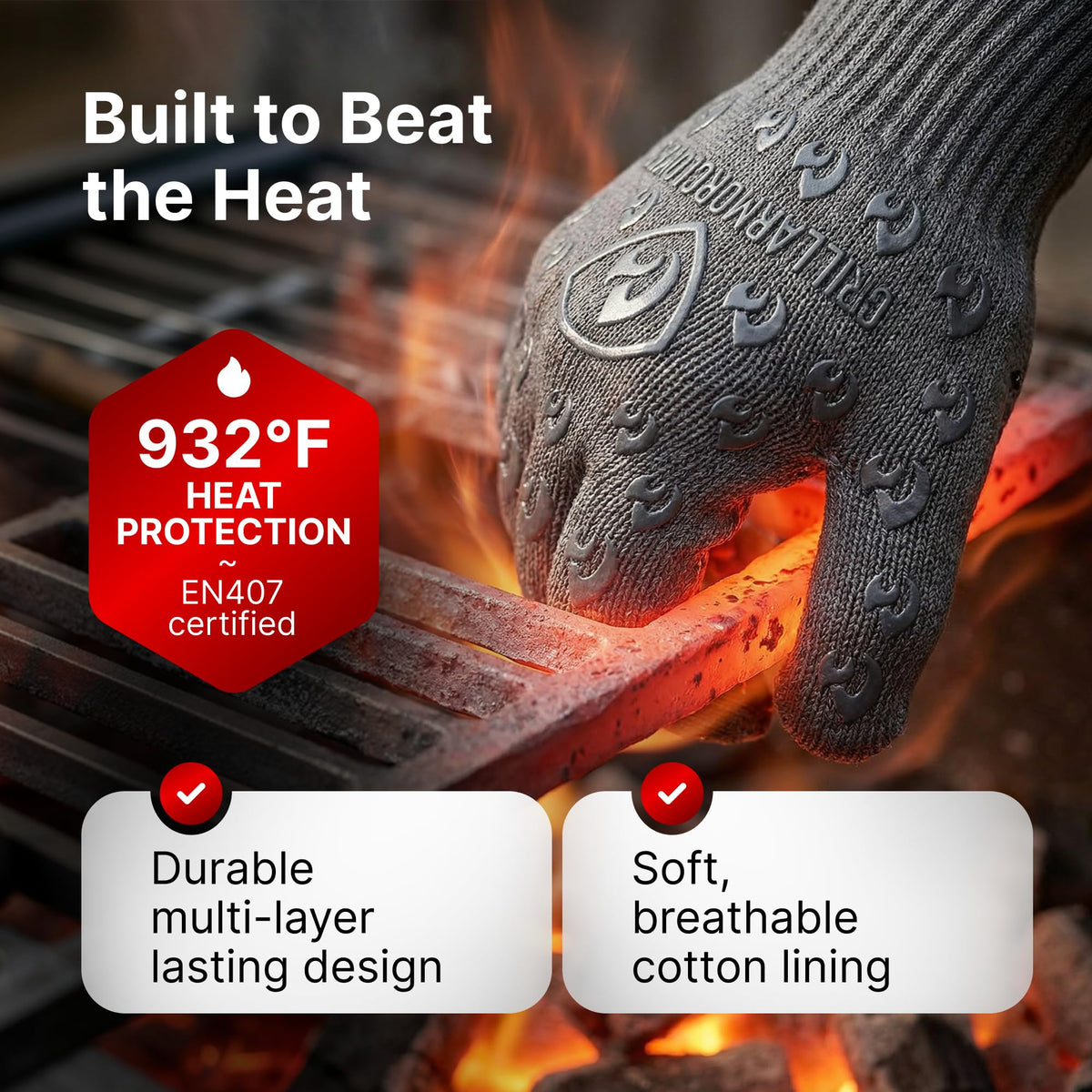 Grill Armor Gloves non-slip textured silicone grip for secure handling of pans.