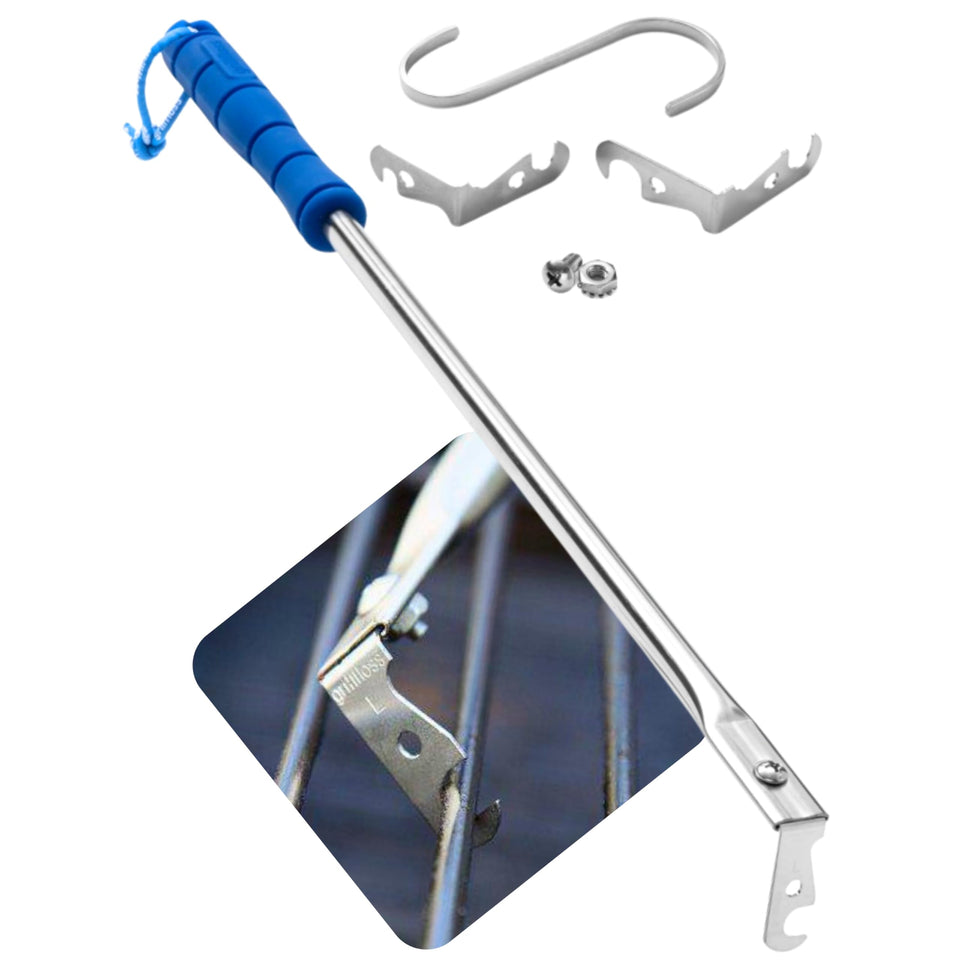Grill Floss premium scraper cleans round grates between bars for easier grilling.
