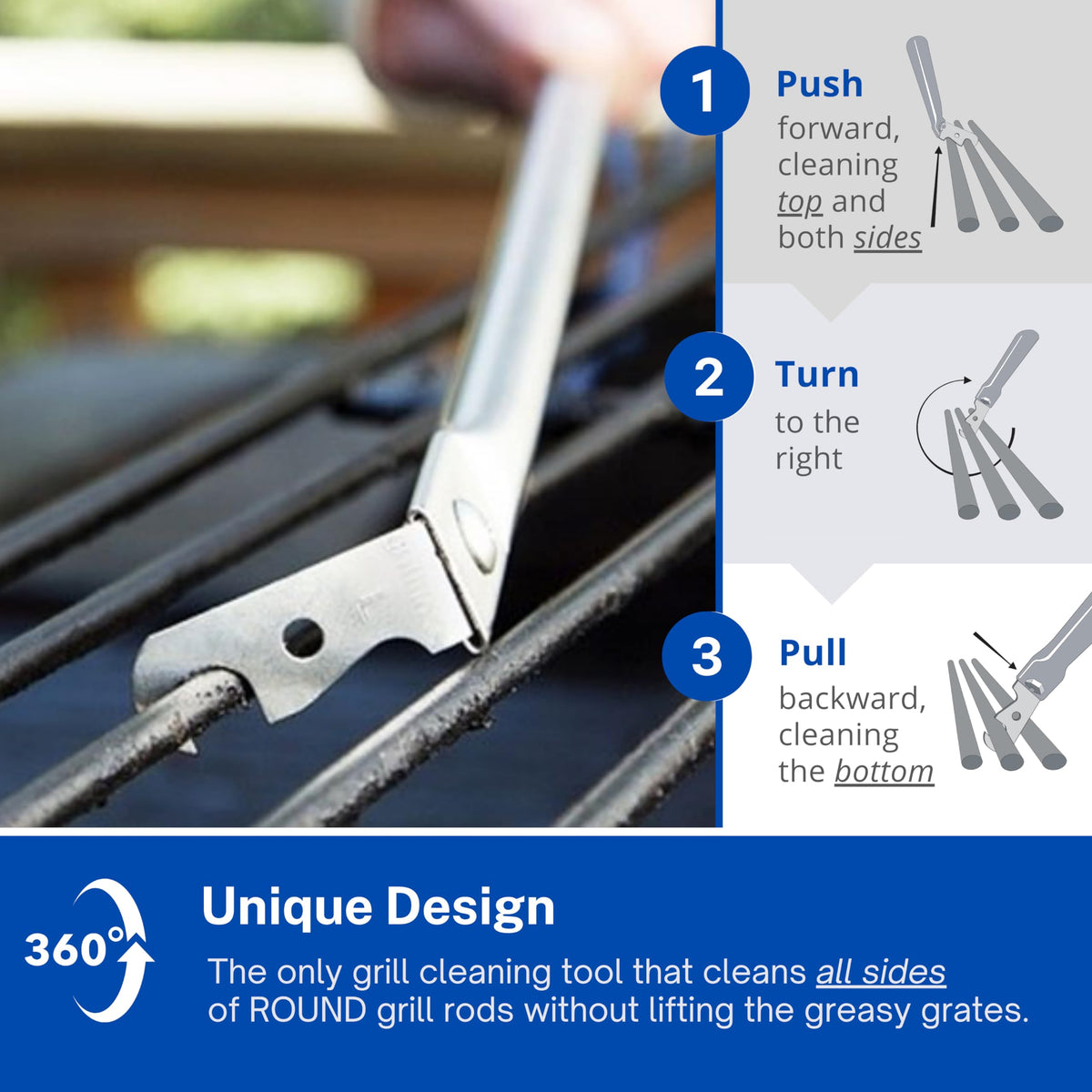 Grill Floss scraper head cleaning between rods without lifting grates.