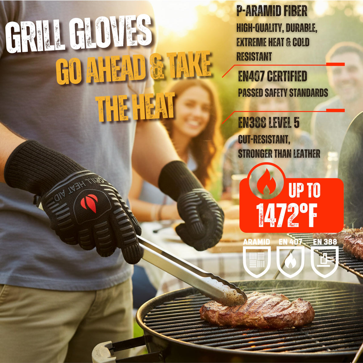 Grill Heat Aid 1472°F rating highlighted on glove cuff for high-temperature grilling