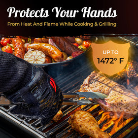 Grill Heat Aid barbecue and smoker gloves in action over a hot grill
