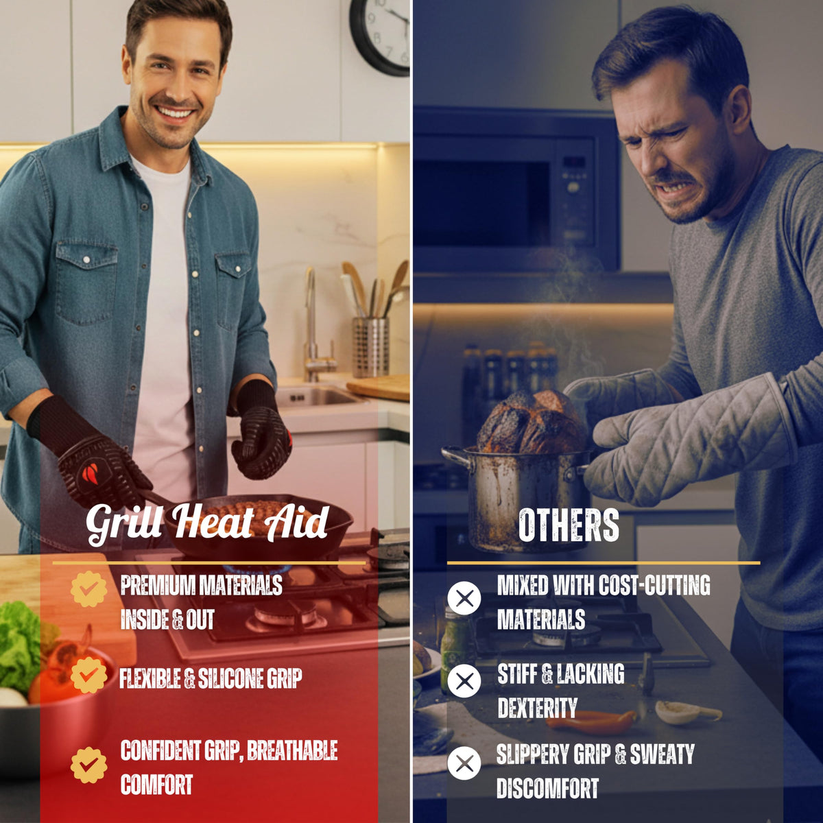Grill Heat Aid EN407 certified fireproof gloves shown near a flame during cooking