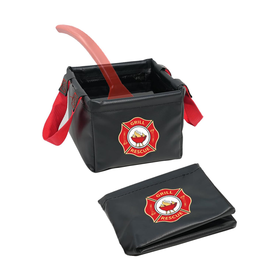 Grill Rescue collapsible bucket folded for compact storage and easy transport.