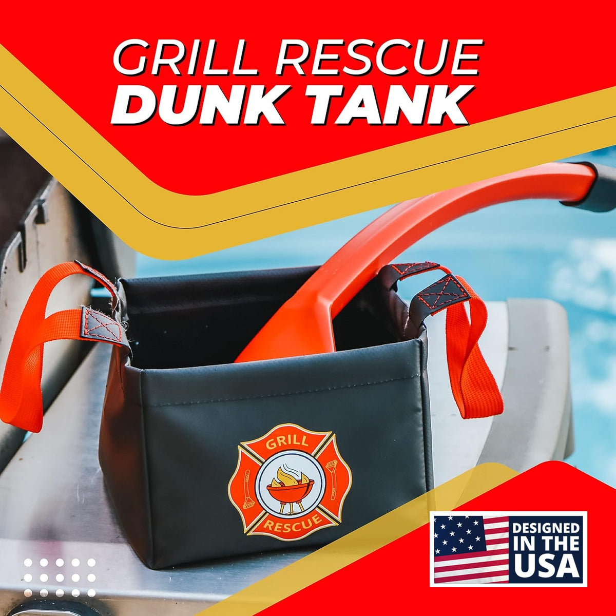 Grill Rescue collapsible bucket in use for portable grill cleaning.