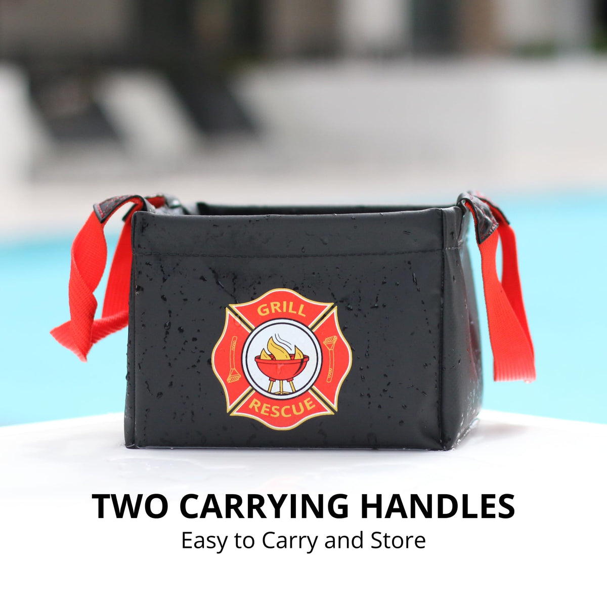 Grill Rescue collapsible bucket portable for camping and outdoor use.